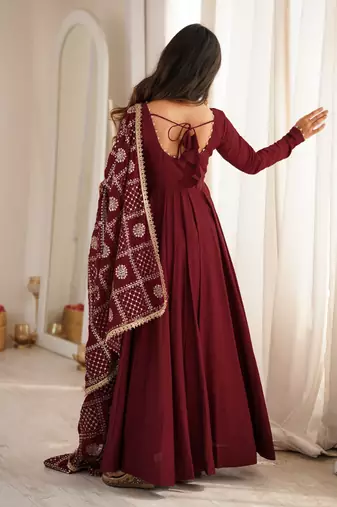 Maroon roman chanderi gown with pant & heavy zari work dupatta