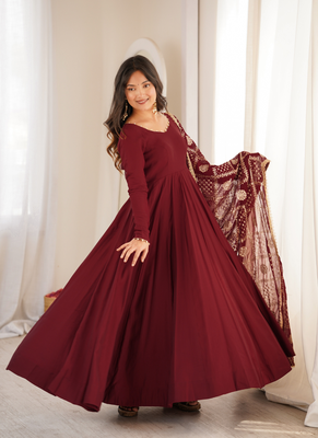 Maroon roman chanderi gown with pant & heavy zari work dupatta 3