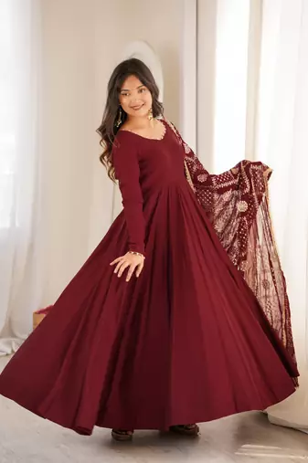 Maroon roman chanderi gown with pant & heavy zari work dupatta
