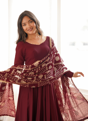 Maroon roman chanderi gown with pant & heavy zari work dupatta 4
