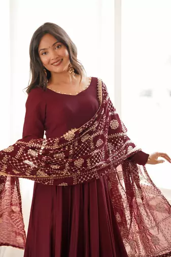 Maroon roman chanderi gown with pant & heavy zari work dupatta
