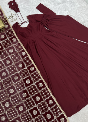 Maroon roman chanderi gown with pant & heavy zari work dupatta 5