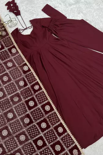 Maroon roman chanderi gown with pant & heavy zari work dupatta