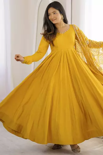 Yellow roman chanderi gown with pant & heavy zari work dupatta