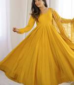 Yellow roman chanderi gown with pant & heavy zari work dupatta