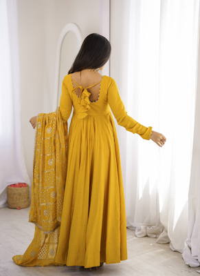 Yellow roman chanderi gown with pant & heavy zari work dupatta 2