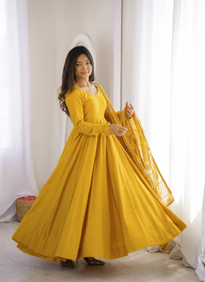 Yellow roman chanderi gown with pant & heavy zari work dupatta 3