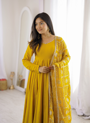 Yellow roman chanderi gown with pant & heavy zari work dupatta 4