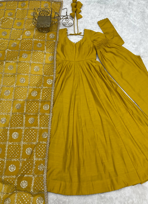Yellow roman chanderi gown with pant & heavy zari work dupatta 5