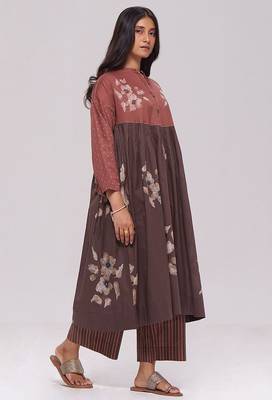 Rust and warm cocoa floral kurta with stripe bottom set 1
