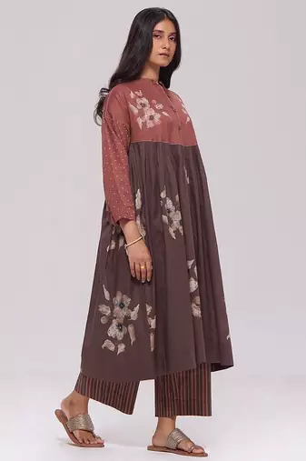 Rust and warm cocoa floral kurta with stripe bottom set
