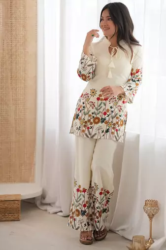 White cotton floral printed kurti & pant set