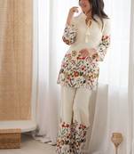 White cotton floral printed kurti & pant set