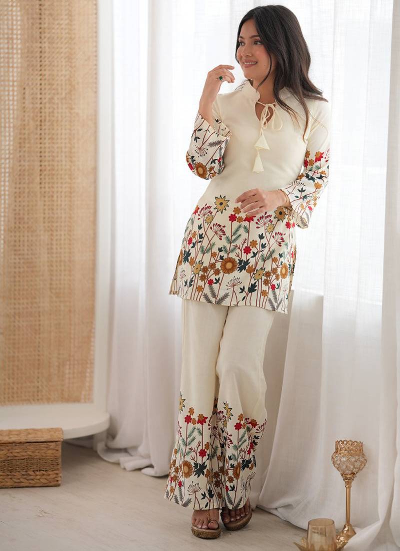 White cotton floral printed kurti & pant set