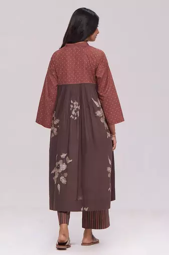 Rust and warm cocoa floral kurta with stripe bottom set