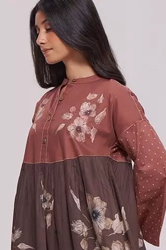 Rust and warm cocoa floral kurta with stripe bottom set