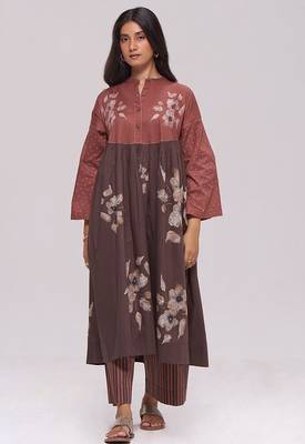 Rust and warm cocoa floral kurta with stripe bottom set 4