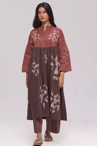 Rust and warm cocoa floral kurta with stripe bottom set