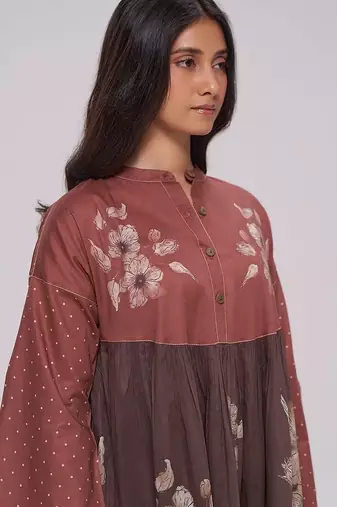 Rust and warm cocoa floral kurta with stripe bottom set