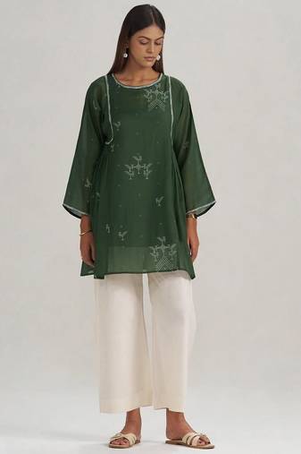 Mehndi green hand-printed mul-mul tunic