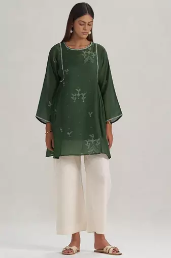 Mehndi green hand-printed mul-mul tunic