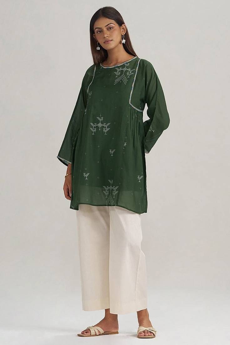 Mehndi green hand-printed mul-mul tunic