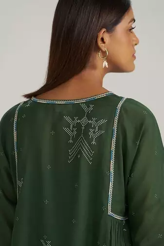 Mehndi green hand-printed mul-mul tunic