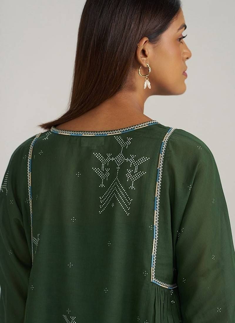 Mehndi green hand-printed mul-mul tunic