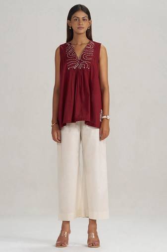 Maroon embroidered mul-mul tunic