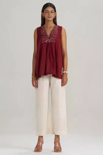 Maroon embroidered mul-mul tunic
