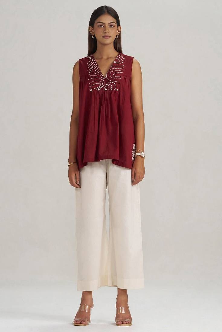 Maroon embroidered mul-mul tunic