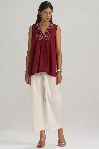 Maroon embroidered mul-mul tunic