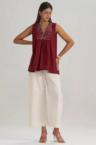 Maroon embroidered mul-mul tunic