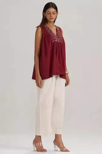 Maroon embroidered mul-mul tunic