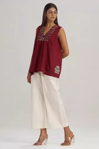 Maroon embroidered mul-mul tunic