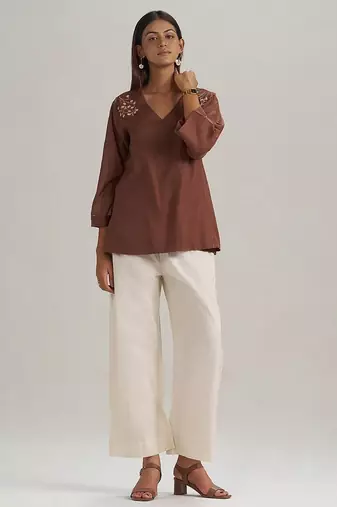 Cocoa brown embroidered mul-mul tunic