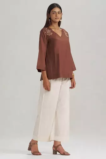 Cocoa brown embroidered mul-mul tunic