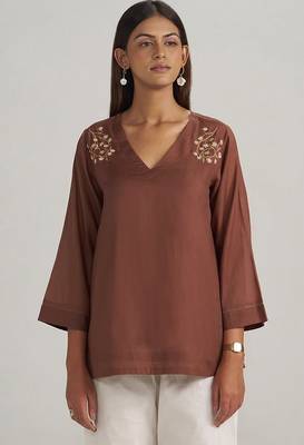 Cocoa brown embroidered mul-mul tunic 5