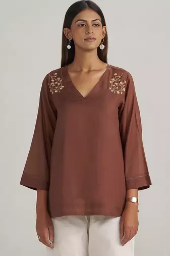 Cocoa brown embroidered mul-mul tunic