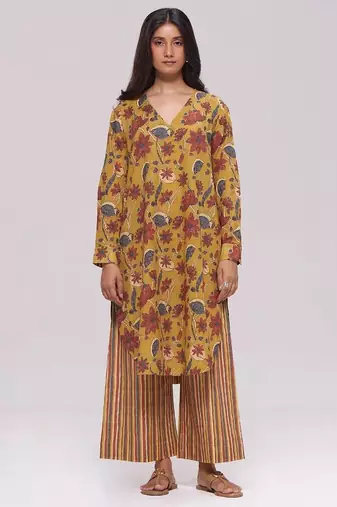 Mustard and brick red floral kurta and stripe bottom set