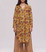 Mustard and brick red floral kurta and stripe bottom set