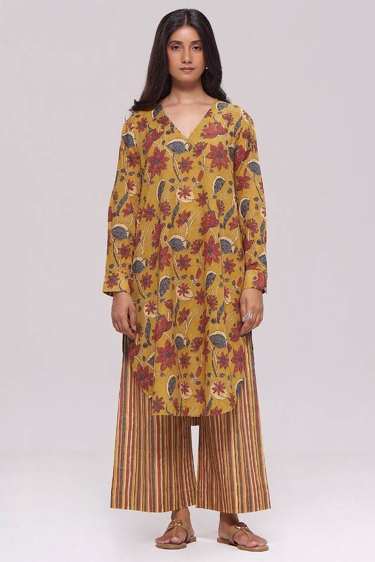 Mustard and brick red floral kurta and stripe bottom set
