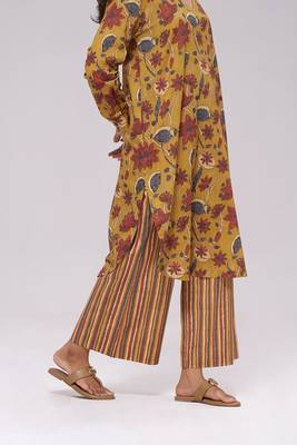 Mustard and brick red floral kurta and stripe bottom set 2