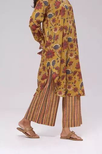 Mustard and brick red floral kurta and stripe bottom set