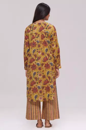 Mustard and brick red floral kurta and stripe bottom set