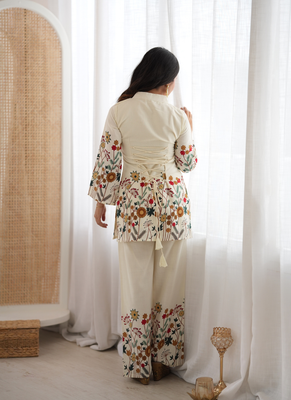 White cotton floral printed kurti & pant set 2