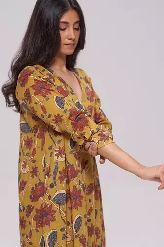 Mustard and brick red floral kurta and stripe bottom set