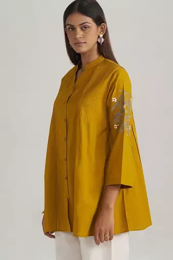 Mustard mul-mul embroidered tunic