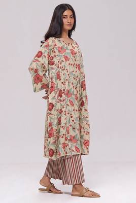 Vintage beige and rose floral print kurta and stripe bottom set 1
