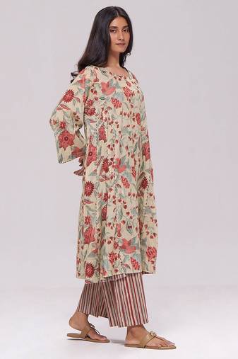 Vintage beige and rose floral print kurta and stripe bottom set